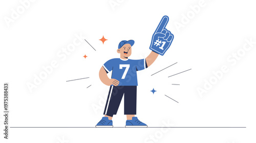Enthusiastic sports fan wearing number seven jersey with  blue number one foam finger, showing excitement and support for favorite team