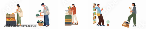 Flat illustration set of people shopping for organic food and groceries at a zero-waste local market using reusable bags and sustainable packaging.