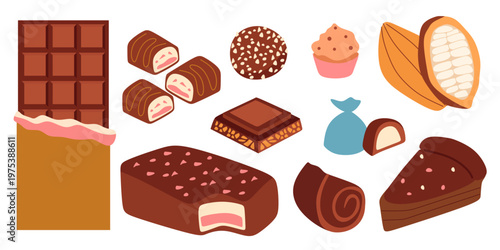 Chocolate Dessert Set Sweet Indulgence Flat Vector