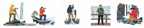Set of Illustrations Featuring Diverse Photographers Capturing Scenic Waterfalls with Professional Camera Equipment in Nature Environments