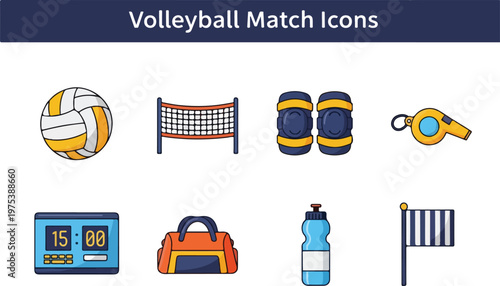 Collection of Volleyball Match Icons Featuring Sports Equipment and Game Elements