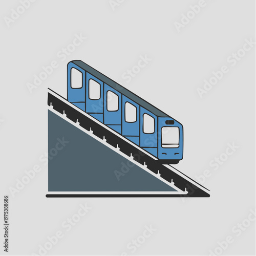 Blue train on sloping railway track.