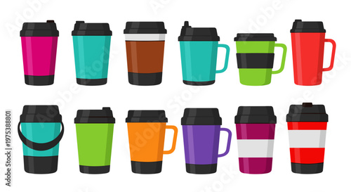 Vibrant collection of diverse disposable coffee cups with lids in various colors and styles arranged in two rows