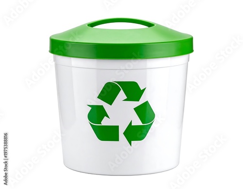 White Recycling Bin with Green Lid and Recycling Symbol.