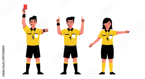 Sports referees in yellow shirts and black shorts displaying cards and signals conveying authority and game control