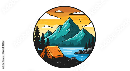 Vibrant camping scene with an orange tent beside a tranquil lake and majestic teal mountains under a dramatic sunset