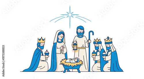 Nativity scene illustration with the holy family three wise men and a star symbolizing christmas and religious