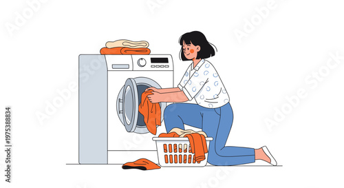 Woman kneeling by washing machine loading clothes basket of laundry and folded garments nearby domestic chore