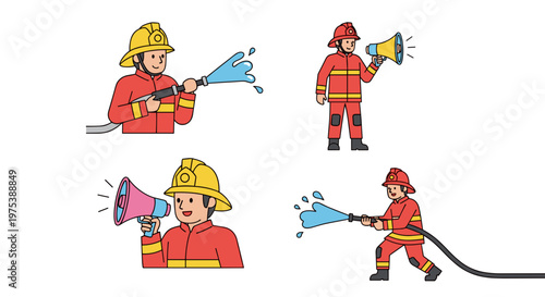 Firefighters in uniform with helmets spraying water from hoses and using megaphones conveying emergency response