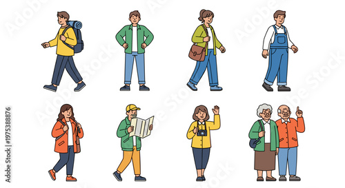 Diverse group of cartoon people in casual attire engaging in various activities like walking exploring with maps