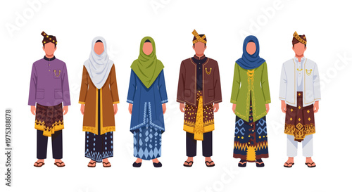 Diverse group of men and women in traditional cultural attire showcasing vibrant patterns and rich fabrics standing
