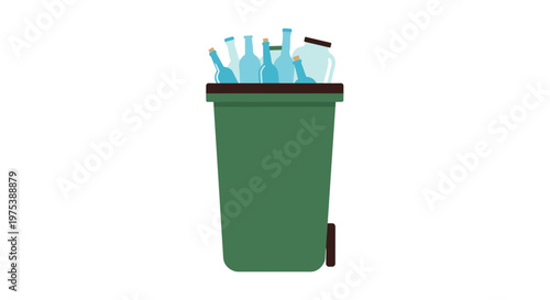 Green recycling bin overflowing with clear and blue glass bottles illustrating waste management and environmental
