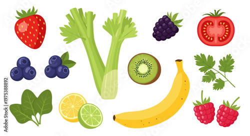 Assortment of fresh ripe fruits and vegetables arranged artistically on a clean white background promoting healthy