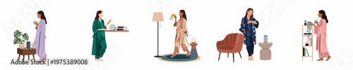 Set of illustrations showing diverse women in pajamas interacting with smart home technology and modern decor during their morning and evening routines.
