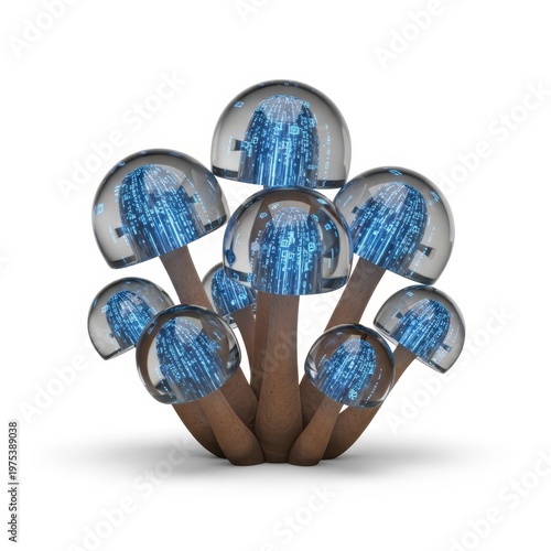 Group of glass digital mushrooms with glowing blue code inside forest