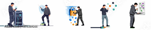 Cybersecurity and IT Management Vector Illustrations Featuring Hacker Characters Defending Networks, Managing Servers, and Securing Data Systems