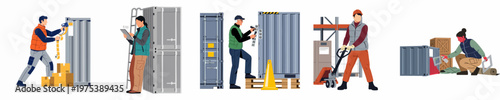Set of various warehouse and logistics workers performing tasks like scanning containers, using tablets, and operating equipment in a distribution center.