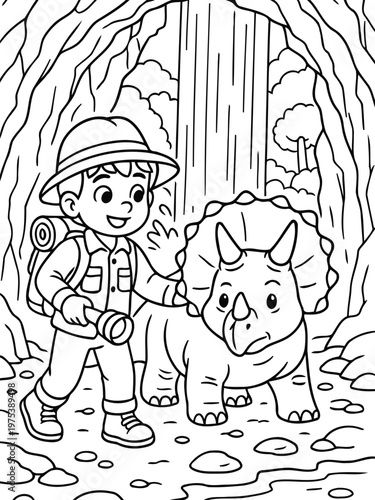 Young Explorer and Triceratops: An adventurous young explorer interacts with a friendly triceratops within a mystical cave, capturing the wonder of prehistoric exploration.
