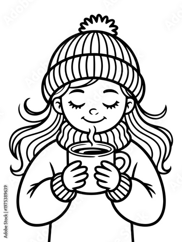 Winter's Warmth: An illustration of a young girl, warmly bundled in a winter hat and scarf, embraces the comforting aroma of a steaming mug of hot drink. A moment of peacefulness captured.