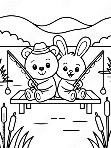 Fishing Friends' Aquatic Adventure: Two cuddly companions, a bear and a bunny, share a tranquil moment by the lake, enjoying a day of fishing together.