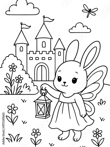 Whimsical Bunny with Castle: A charming bunny fairy, lantern in hand, stands before a majestic castle, exuding a sense of magic and wonder in this delightful illustration.
