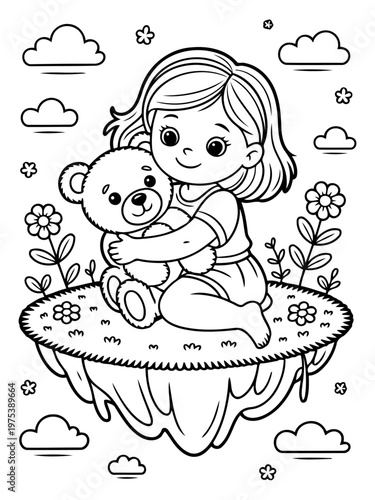 Girl and Teddy Bear in a Magical world: A young girl, radiating innocence, embraces a cuddly teddy bear amidst a whimsical setting of floating clouds and blooming flowers.