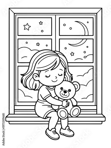 Girl and Teddy Bear: A charming illustration shows a young girl embracing her beloved teddy bear while sitting on a windowsill, gazing at the enchanting night sky.
