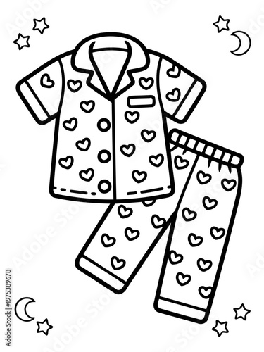 Cozy Sleepwear: Illustrative pajamas set with heart patterns, alongside crescent moons and stars, evoking comfort, dreams, and sweet slumber. 