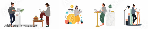 Set of flat illustrations showing a young woman working from home, managing savings, studying, and using technology in a productive lifestyle.