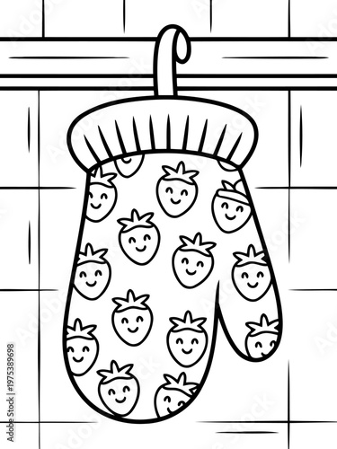Strawberry Oven Mitt: A charming oven mitt adorned with delightful strawberry patterns hangs, ready for use in a cozy kitchen setting.