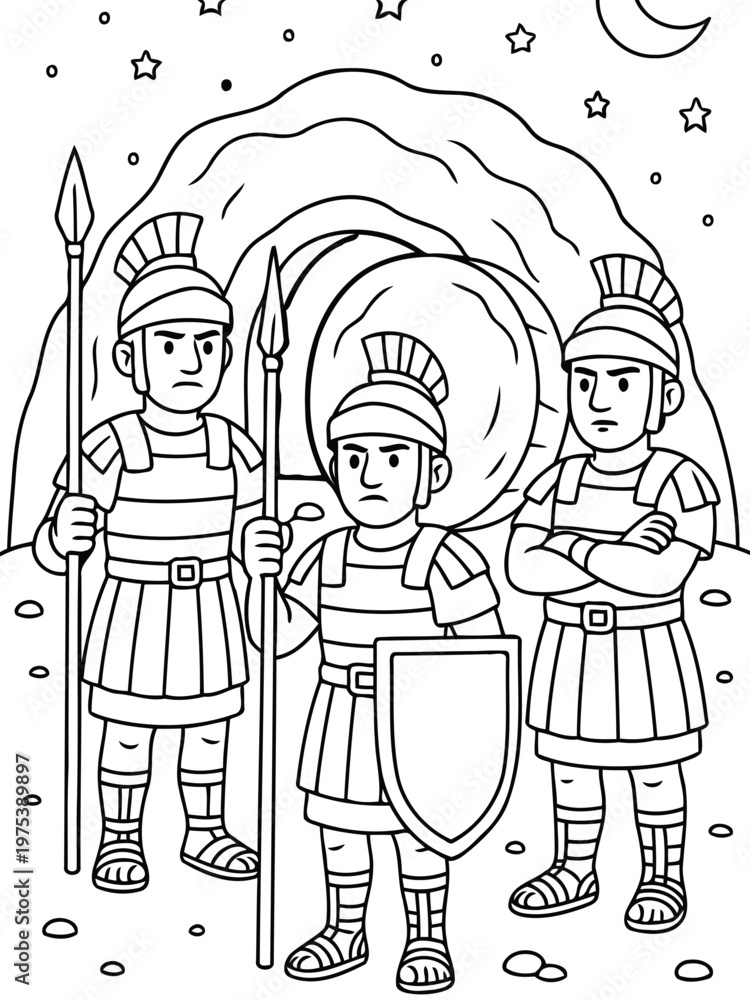 Obraz premium Guardians of the Ancient: Three armored figures stand watch, spear and shield in hand, their stern visages illuminated by the moon and stars.
