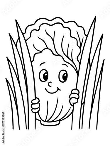 Cabbage Hide and Seek: A playful cabbage peeks out from tall blades of grass, its cheerful face inviting viewers to a whimsical game of hide-and-seek.