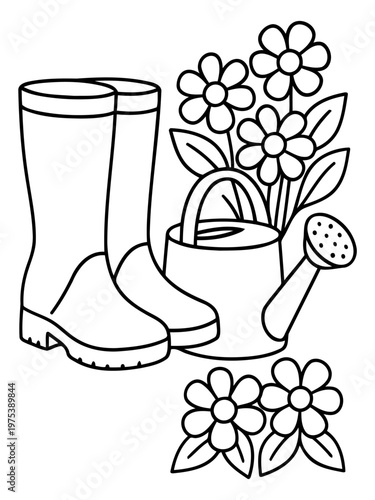 Garden Essentials Illustration: An illustration featuring essential gardening tools, including wellington boots, a watering can, and vibrant flowers.