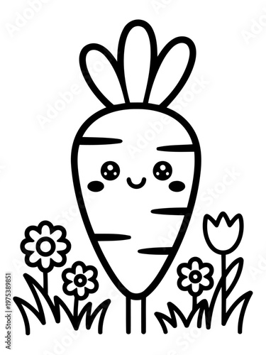 Carrot Cartoon in Garden: Charming cartoon carrot stands amidst a vibrant garden, accompanied by blooming flowers, presenting a playful and wholesome scene.