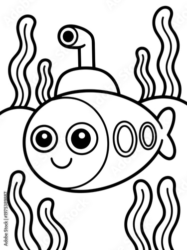 Submarine Adventure in the Sea: a charming cartoon submarine gracefully cruises beneath the ocean's surface, accompanied by whimsical sea plants, embarking on an undersea exploration.