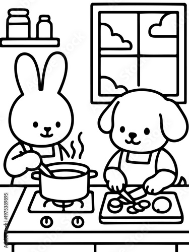 Cooperative Kitchen: Two charming characters, a bunny and a puppy, collaborate in a cozy kitchen, creating a delightful meal.