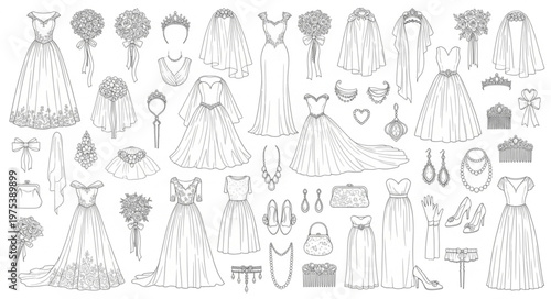 Elegant Wedding Dresses and Accessories Collection in Detailed Line Art.