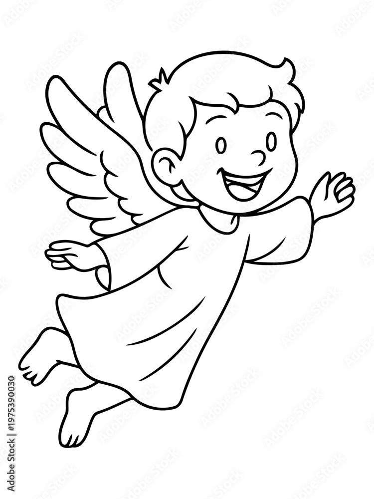Fototapeta premium A Smiling Angel: A cheerful depiction of an angelic being, rendered in a simple yet charming style, its wings spread wide as it floats in a state of joy and tranquility.