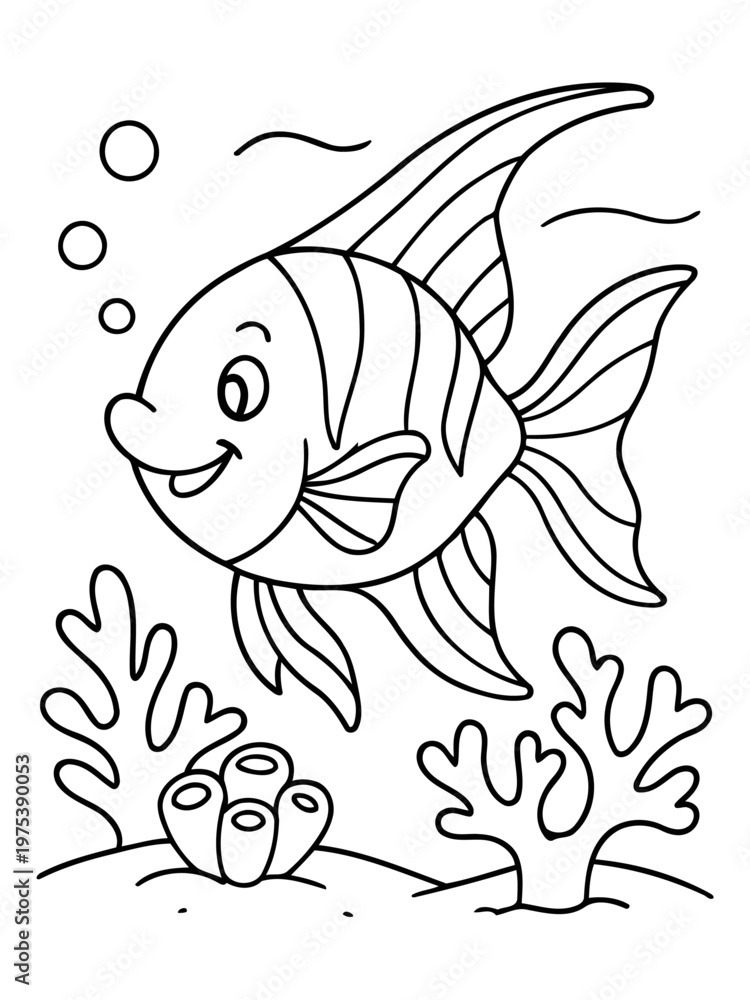 Fototapeta premium Cheerful Marine Life: A charming, outlined illustration of a smiling fish swimming near coral and bubbles, all set in an underwater scene.