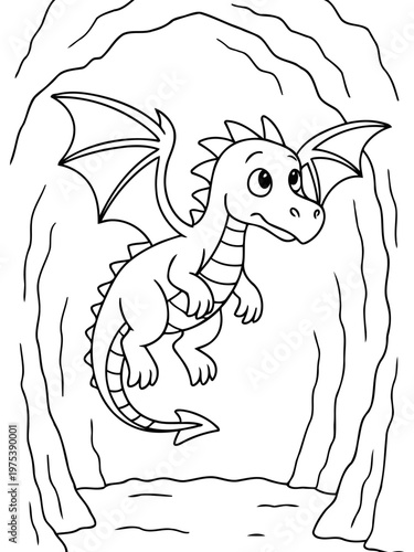 Dragon's Cave Adventure: A friendly dragon soars through a cavern, its wings spread wide, ready to explore the unknown. It's a whimsical, black-and-white illustration.