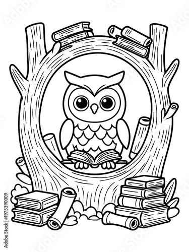 Wise Owl in the Study: A wise owl, nestled within a hollowed tree trunk, delves into a world of knowledge and enlightenment through the art of reading. A scene filled with wisdom and learning.