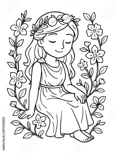 Serene Beauty in Bloom: An illustrated maiden, crowned with floral wreath, embodies tranquility amidst a flourishing floral frame, a portrait of peaceful existence.