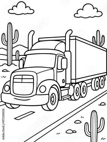 Road Transport Cartoon: A bold illustration of a semi-trailer truck travels down a desert road, its imposing structure set against a backdrop of cacti and open sky.