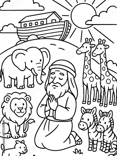 Noah's Ark and Animals Illustration: An inspiring line art illustration depicts Noah, surrounded by pairs of animals, as his ark floats serenely under a bright sun.