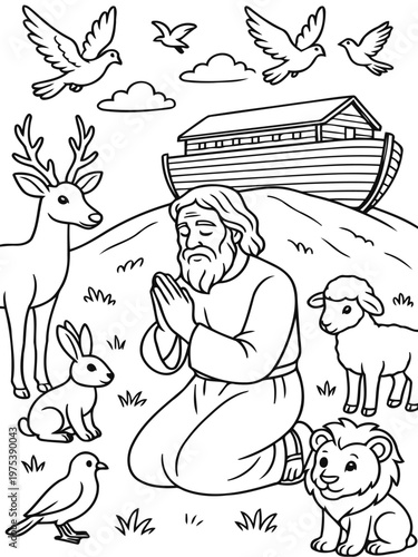 Biblical Scene of Faith: A drawing depicts a moment of deep reverence, with a figure kneeling in prayer surrounded by symbolic elements. 