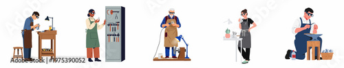 Flat vector illustration of professional jewelers working in their workshops, crafting and repairing jewelry with various tools and equipment.