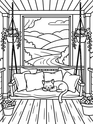 Cozy Cat's Porch Nap: A serene scene unfolds as a peaceful cat finds comfort napping on a porch swing, embraced by a tranquil vista of rolling hills and a winding road.