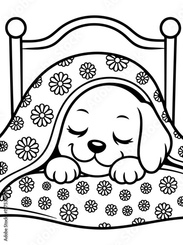 Sleeping Pup's Dream: A charming illustration captures a peaceful puppy, nestled and sleeping comfortably, with a blanket adorned with floral patterns.