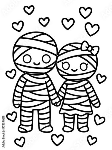 Mummy Love: A charming illustration featuring two adorable mummies holding hands, surrounded by hearts, symbolizing affection and togetherness. 