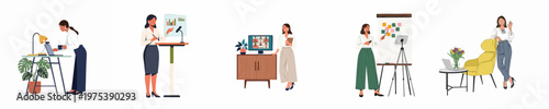 Vector illustrations of a professional business woman working remotely, conducting video meetings, and giving presentations in various modern home office settings.